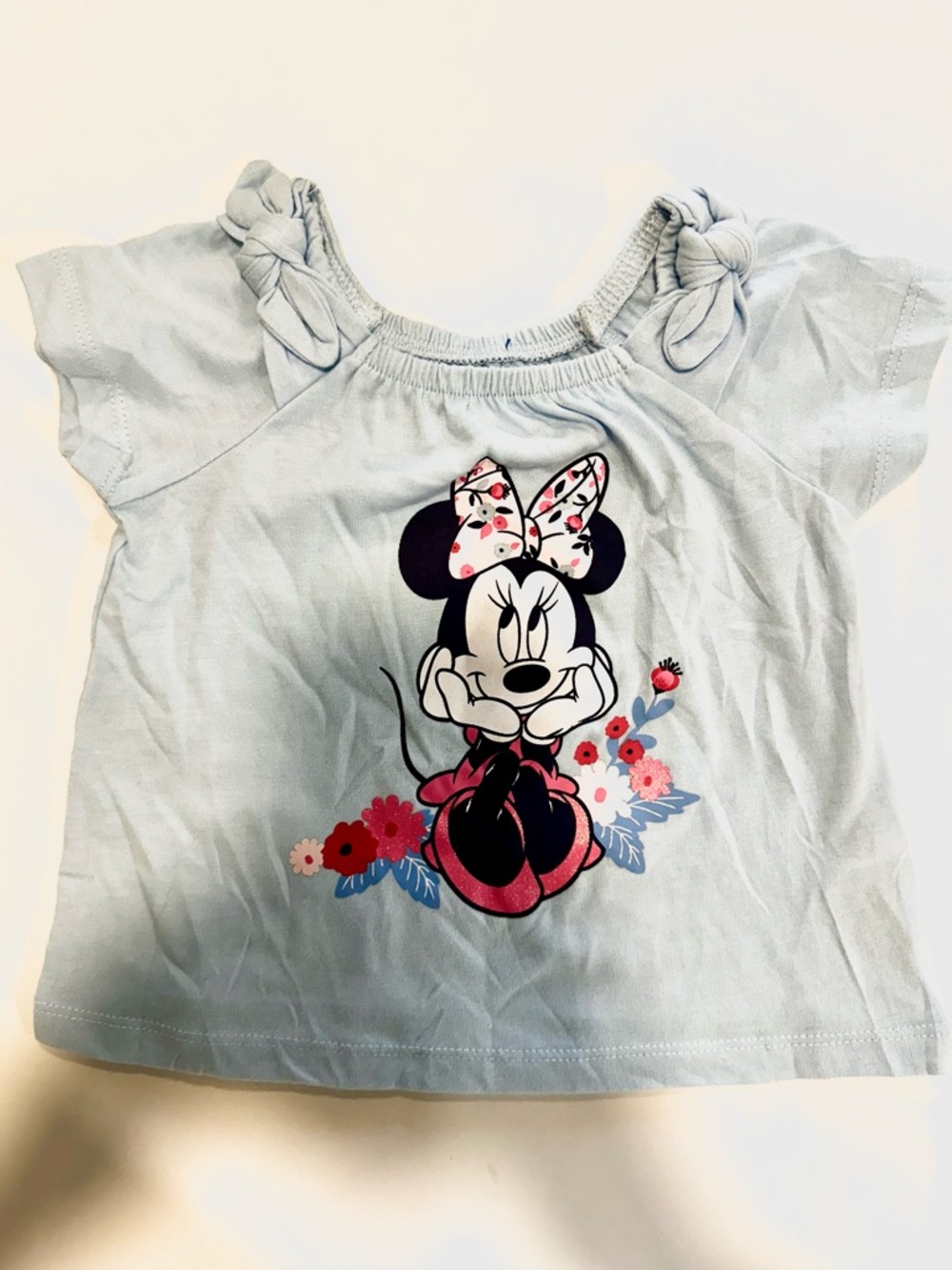 Disney Light Blue Minnie Mouse Floral Bow Short Sleeve Top